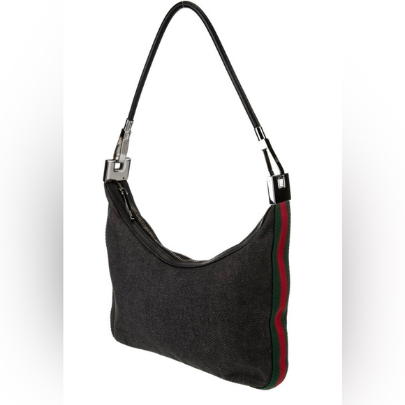 Gucci Web Sherry Line Shoulder Bag Black Denim Red Green Stripe Hobo New - Picture 4 of 16
